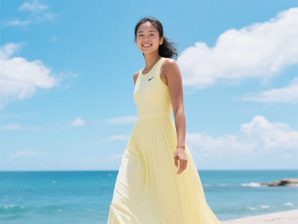 放松身心！郑钦文晒海边游玩美照，淡黄长裙尽显优雅